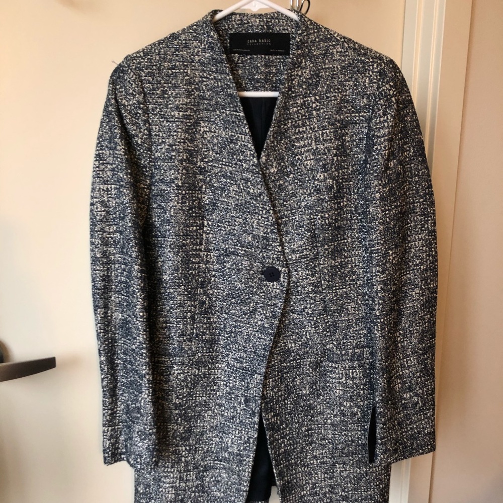 Zara Basic Navy & White Tweed Jacket NWT